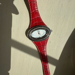Ecclissi  Sterling Silver Watch with Red Crocodile-Embossed Leather Band
